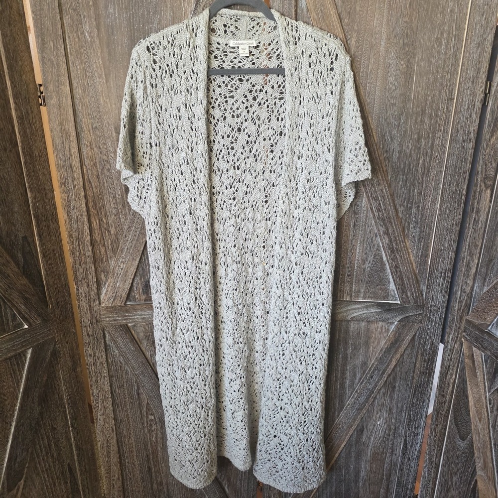 Coldwater Creek Sweater Women's Size 2X Light Gray Silver Short Sleeve Long Open